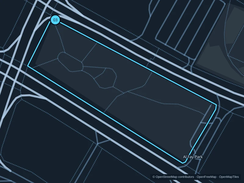 Map of the 1.7 km Al Fay Park · two short laps run, with start and finish marked 03.
