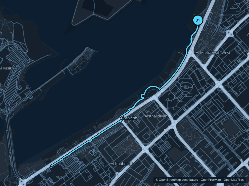 Map of the 6.0 km Abu Dhabi Corniche run, with start and finish marked 01.