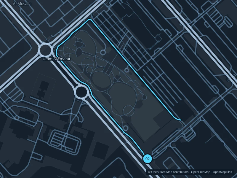 Map of the 3.6 km Umm Al Emarat · external running track run, with start and finish marked 02.