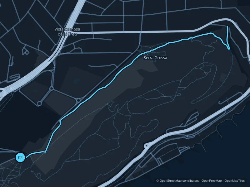Map of the 3.5 km Serra Grossa run, with start and finish marked 02.