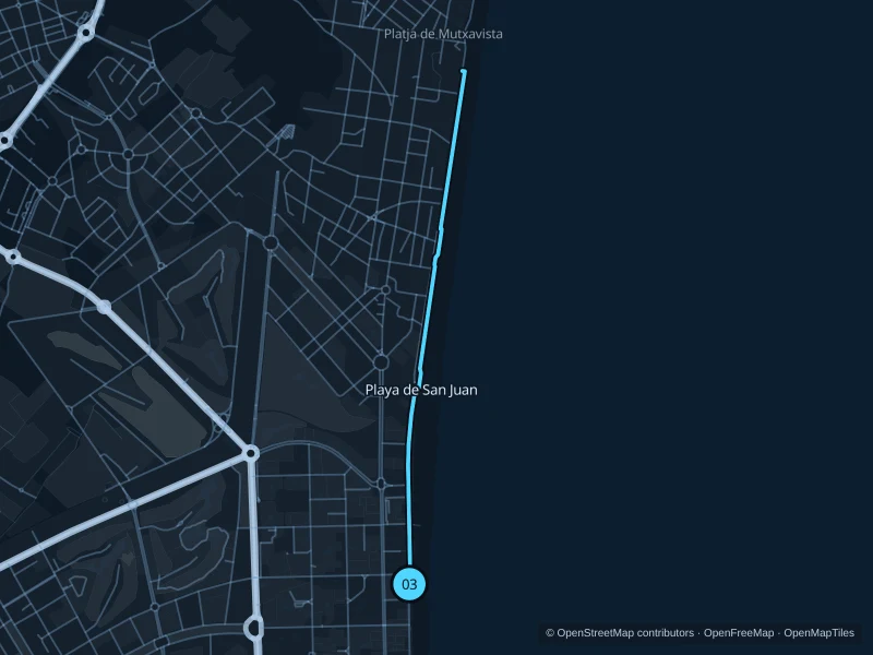Map of the 5.6 km Playa de San Juan promenade run, with start and finish marked 03.
