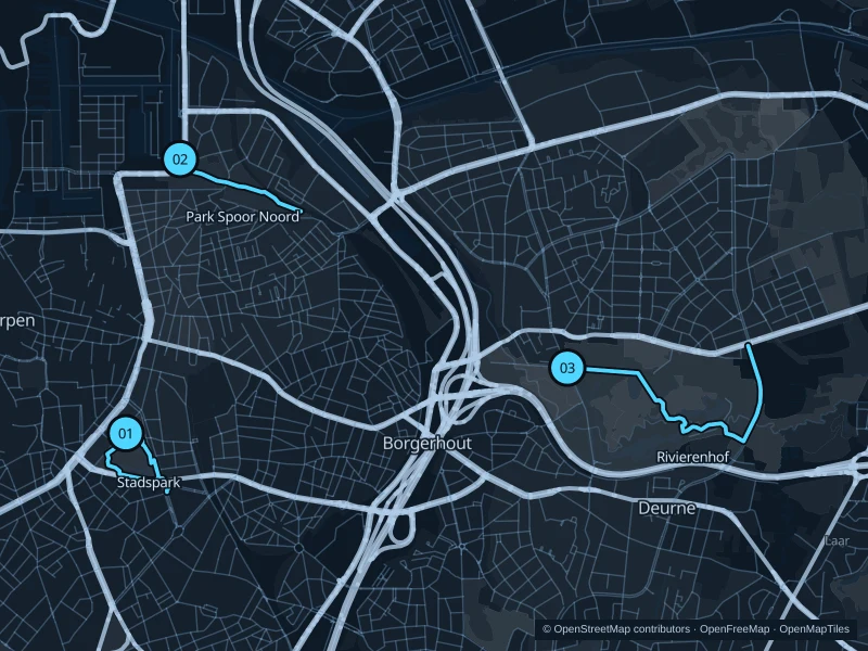 Map of Antwerp with three numbered running-route starts.