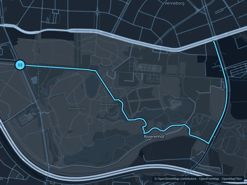 Map of the 5.0 km Rivierenhof run, with start and finish marked 03.