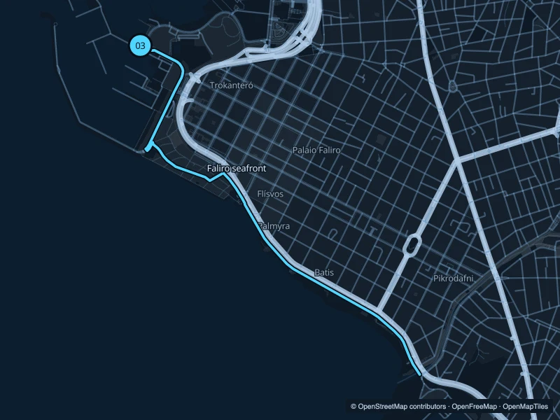 Map of the 5.6 km Faliro seafront run, with start and finish marked 03.