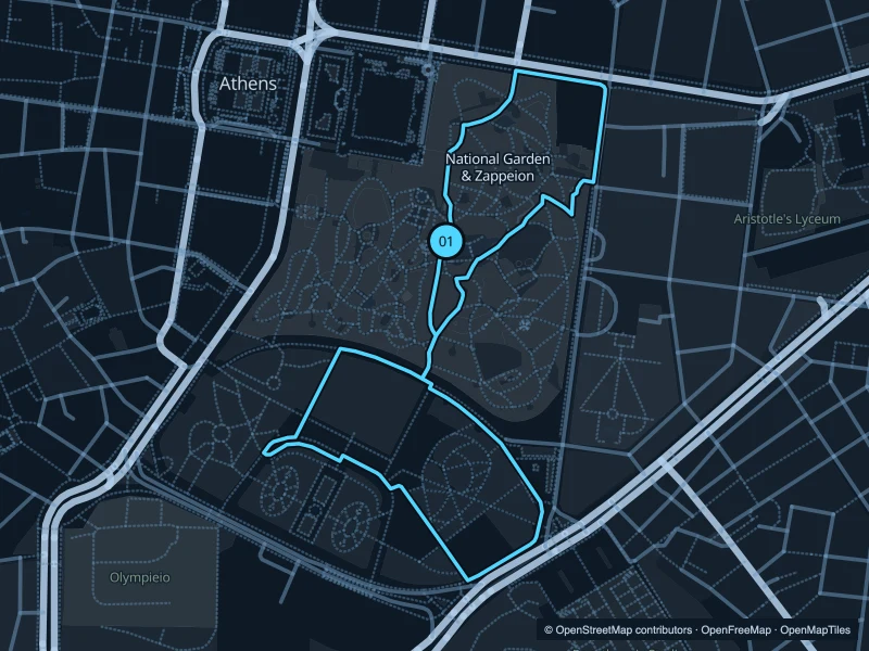 Map of the 2.3 km National Garden & Zappeion run, with start and finish marked 01.