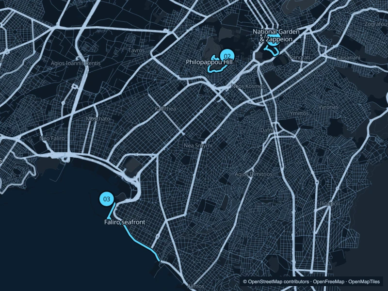 Map of Athens with three numbered running-route starts.