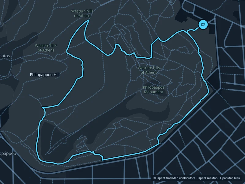 Map of the 2.1 km Philopappou Hill run, with start and finish marked 02.