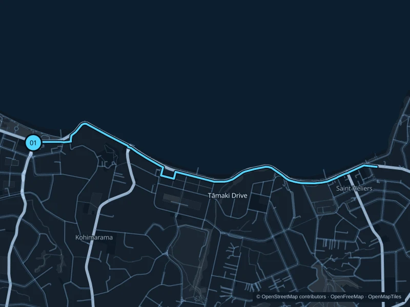 Map of the 5.7 km Tāmaki Drive · Mission Bay to St Heliers run, with start and finish marked 01.