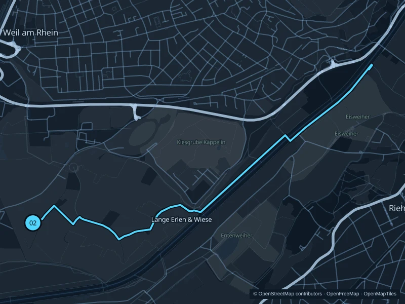 Map of the 6.6 km Lange Erlen & Wiese run, with start and finish marked 02.