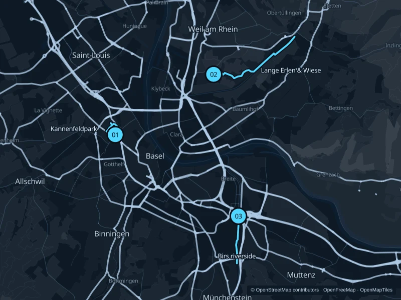 Map of Basel with three numbered running-route starts.