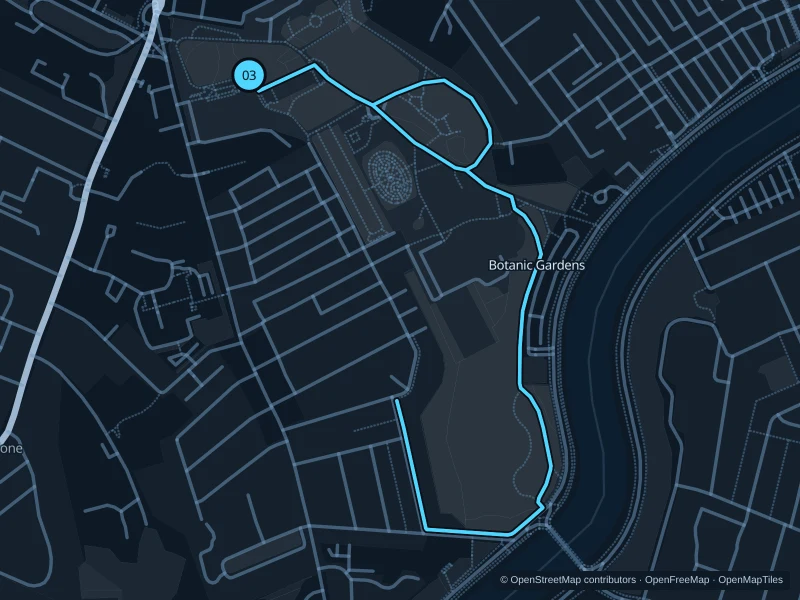 Map of the 2.5 km Botanic Gardens run, with start and finish marked 03.