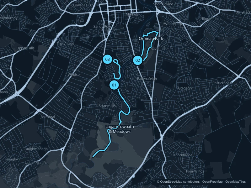 Map of Belfast with three numbered running-route starts.
