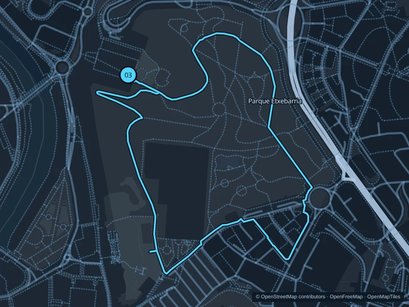 Map of the 2.0 km Parque Etxebarria run, with start and finish marked 03.