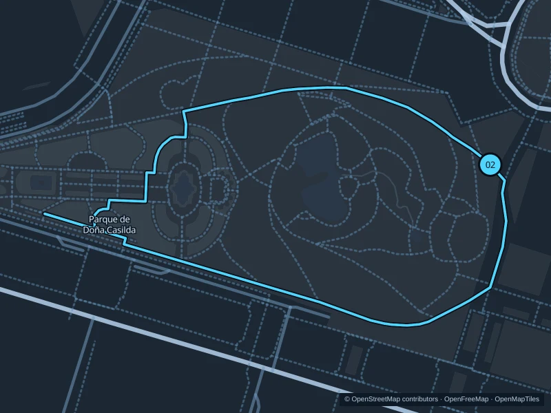 Map of the 2.1 km Doña Casilda · two laps run, with start and finish marked 02.