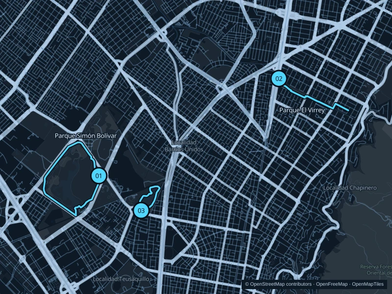 Map of Bogotá with three numbered running-route starts.