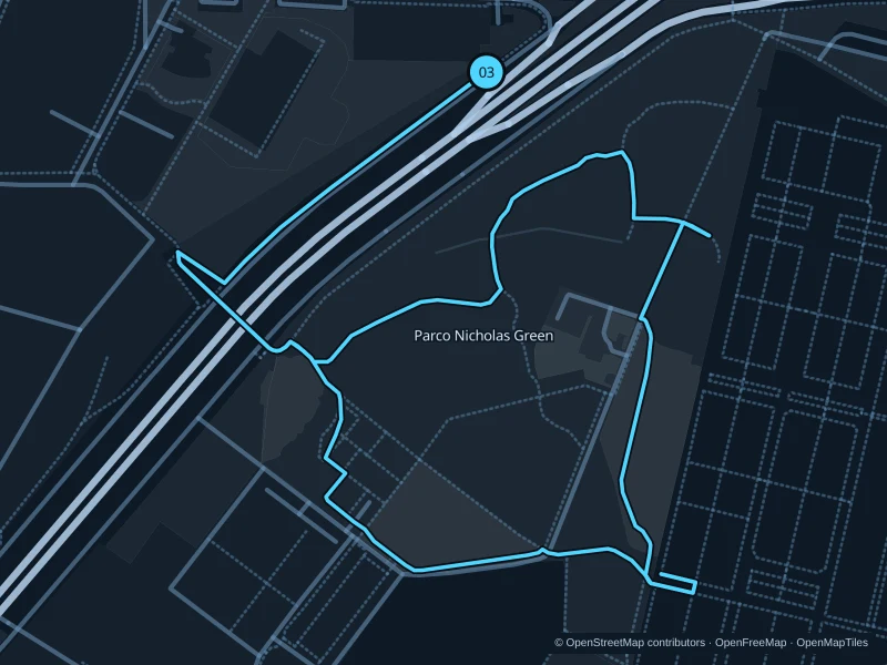 Map of the 2.7 km Parco Nicholas Green run, with start and finish marked 03.