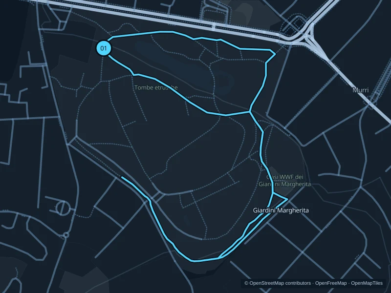 Map of the 2.7 km Giardini Margherita run, with start and finish marked 01.
