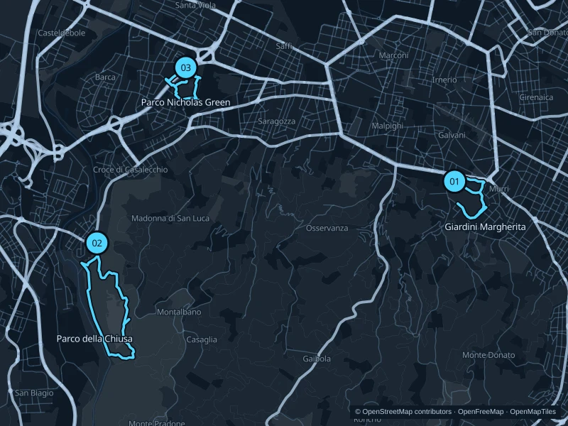 Map of Bologna with three numbered running-route starts.
