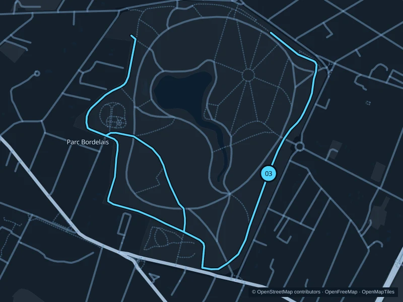 Map of the 3.1 km Parc Bordelais run, with start and finish marked 03.