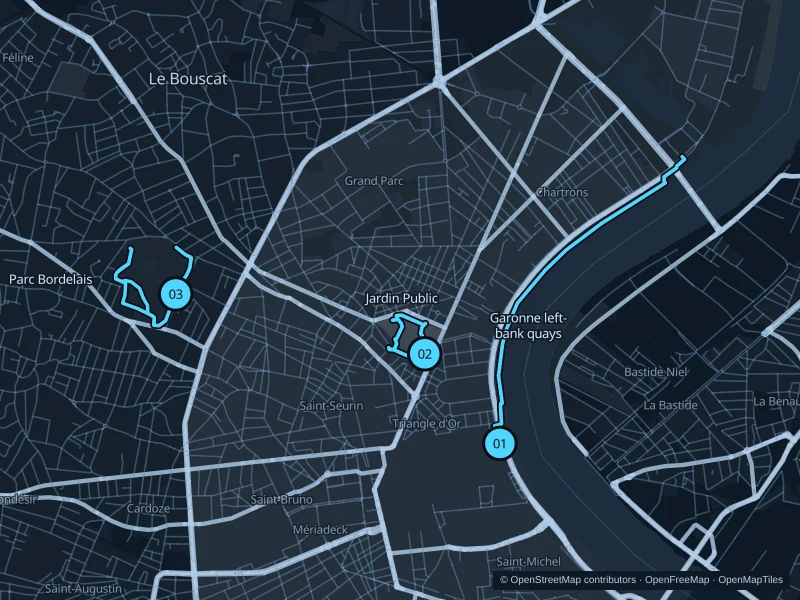 Map of Bordeaux with three numbered running-route starts.