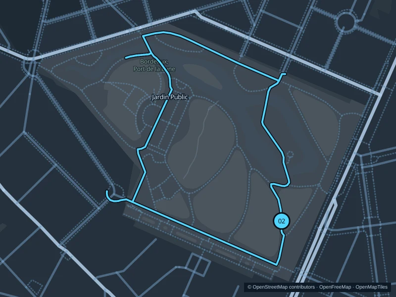 Map of the 2.6 km Jardin Public run (two laps), with start and finish marked 02.