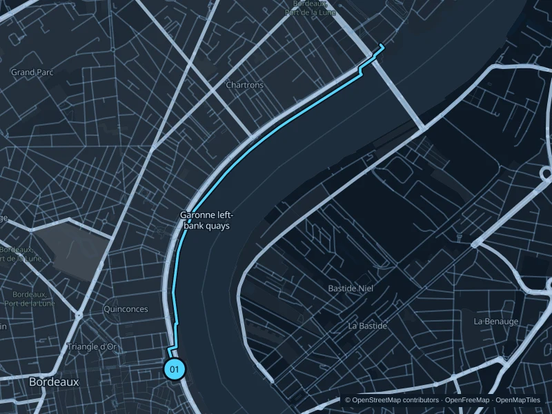 Map of the 5.6 km Garonne left-bank quays run, with start and finish marked 01.