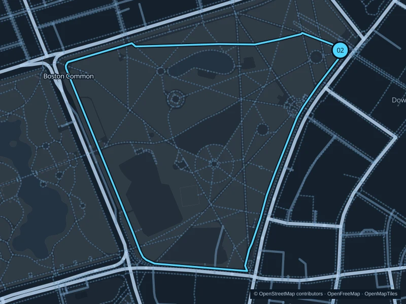 Map of the 1.6 km Boston Common run, with start and finish marked 02.