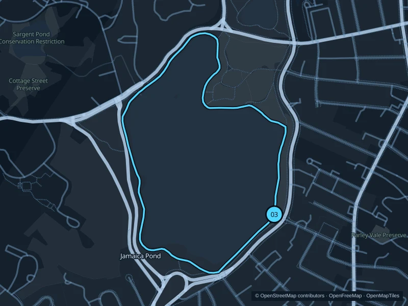 Map of the 2.3 km Jamaica Pond run, with start and finish marked 03.