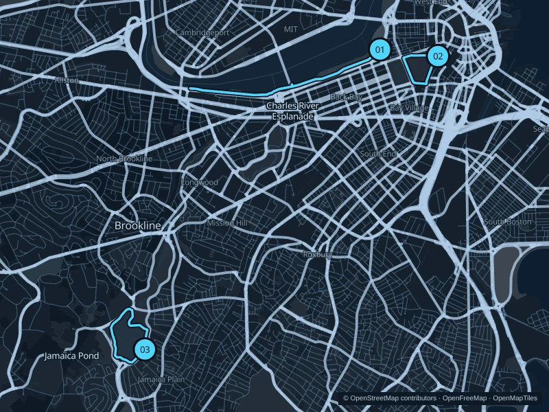 Map of Boston with three numbered running-route starts.
