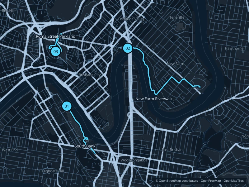 Map of Brisbane with three numbered running-route starts.