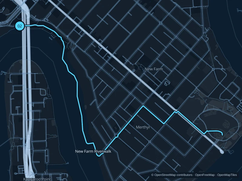 Map of the 5.8 km Howard Smith Wharves · New Farm Riverwalk run, with start and finish marked 02.
