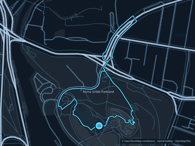 Map of the 1.5 km Roma Street Parkland run, with start and finish marked 03.