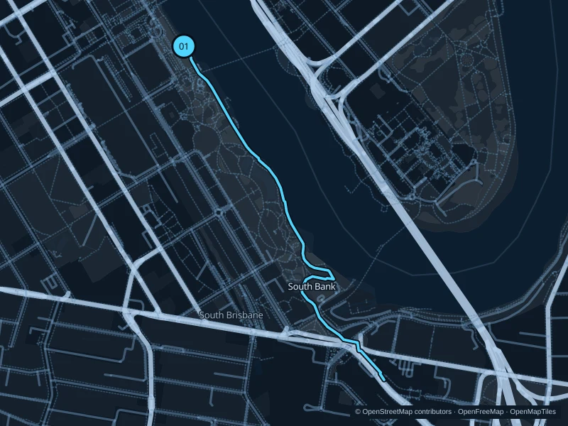 Map of the 3.0 km South Bank · Clem Jones Promenade run, with start and finish marked 01.