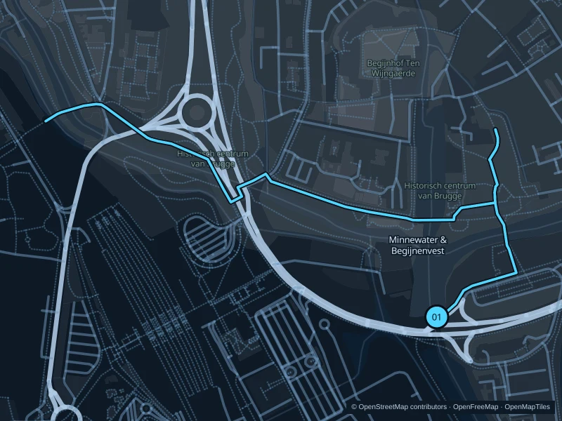 Map of the 3.0 km Minnewater & Begijnenvest run, with start and finish marked 01.