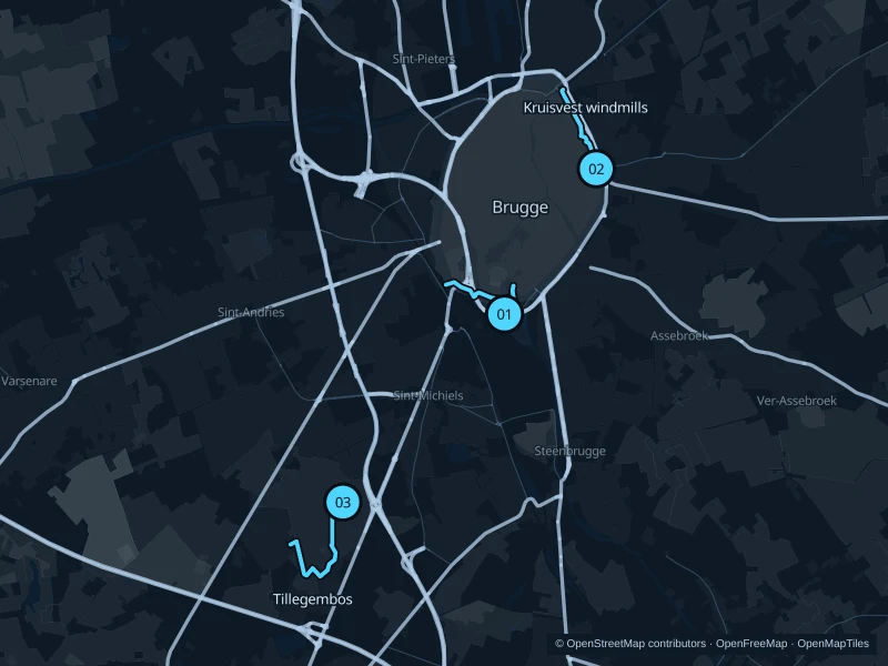 Map of Bruges with three numbered running-route starts.
