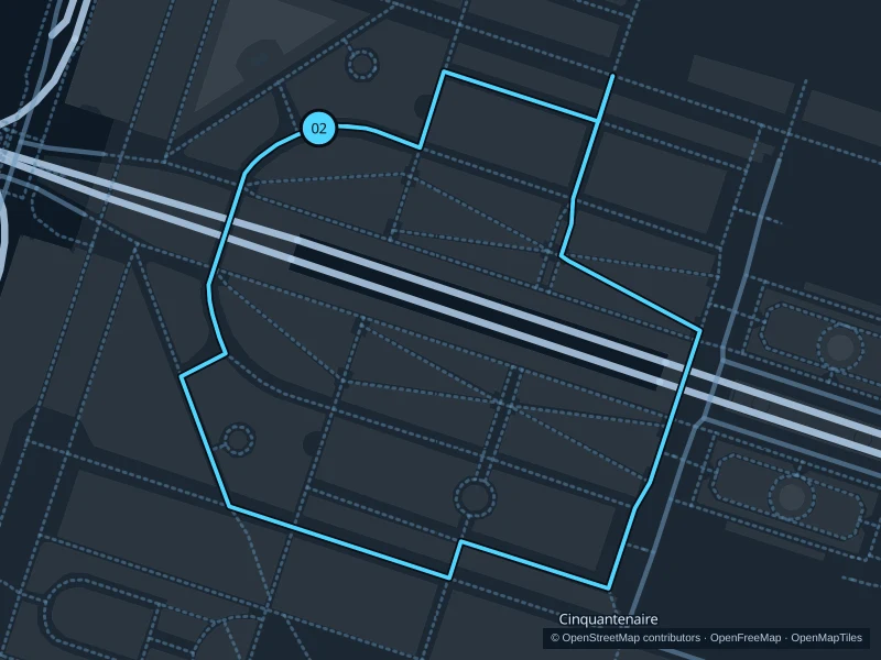 Map of the 1.9 km Parc du Cinquantenaire run, with start and finish marked 02.