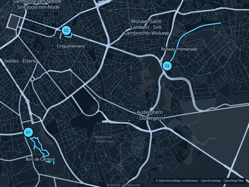 Map of Brussels with three numbered running-route starts.