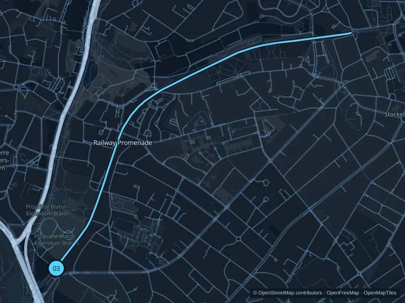 Map of the 5.0 km Promenade du Chemin de fer run, with start and finish marked 03.
