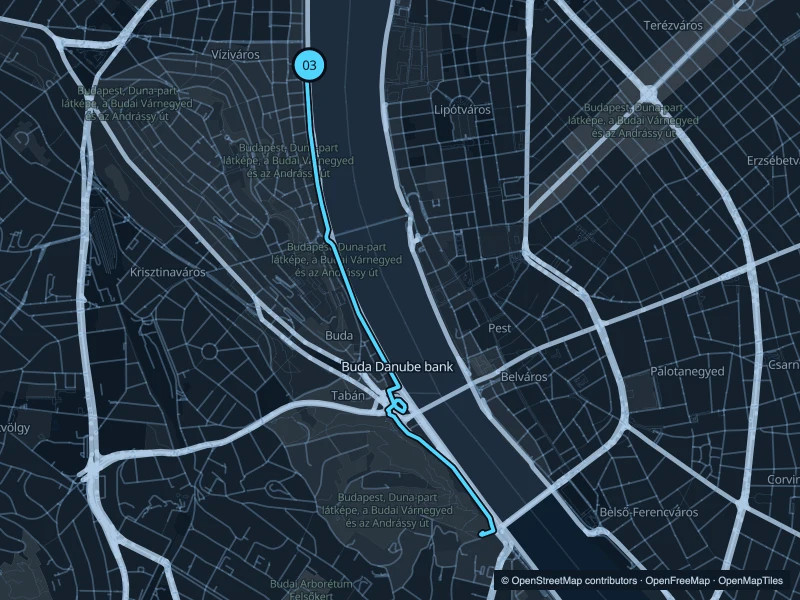 Map of the 6.3 km Buda Danube bank run, with start and finish marked 03.