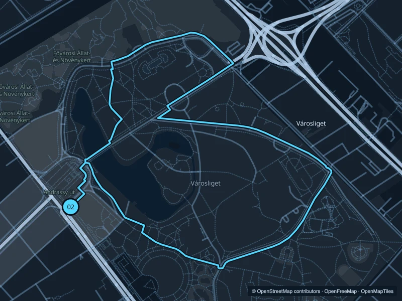 Map of the 3.6 km Városliget · City Park run, with start and finish marked 02.