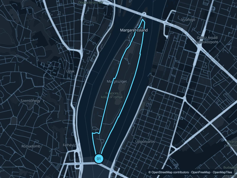 Map of the 5.3 km Margaret Island run, with start and finish marked 01.