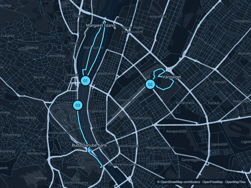Map of Budapest with three numbered running-route starts.