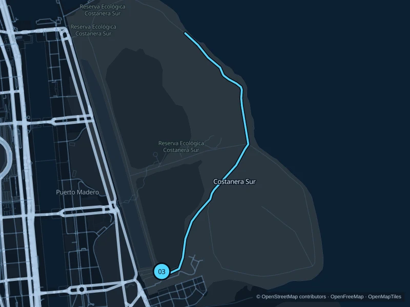 Map of the 5.0 km Reserva Ecológica Costanera Sur run, with start and finish marked 03.