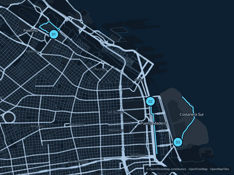 Map of Buenos Aires with three numbered running-route starts.
