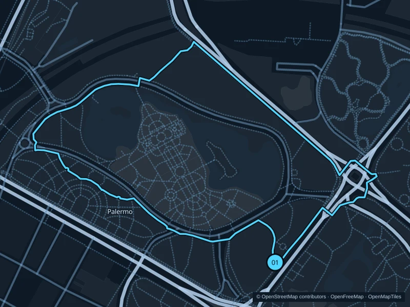 Map of the 2.4 km Palermo · lakes beside El Rosedal run, with start and finish marked 01.