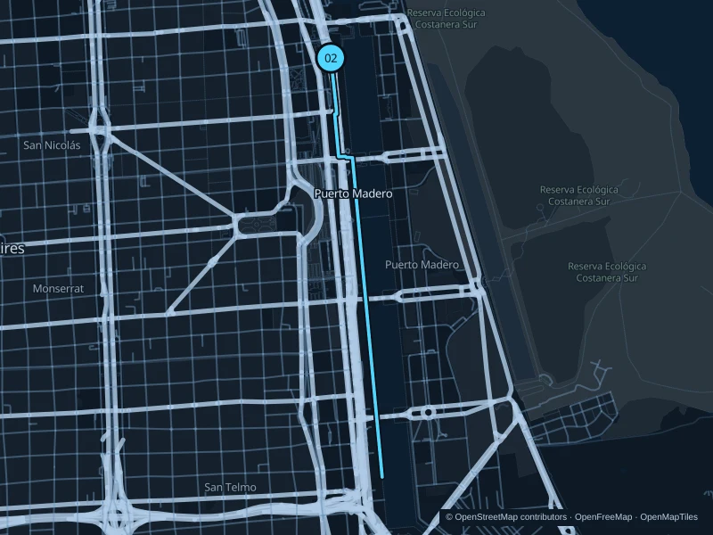 Map of the 4.8 km Puerto Madero · dockside promenades run, with start and finish marked 02.