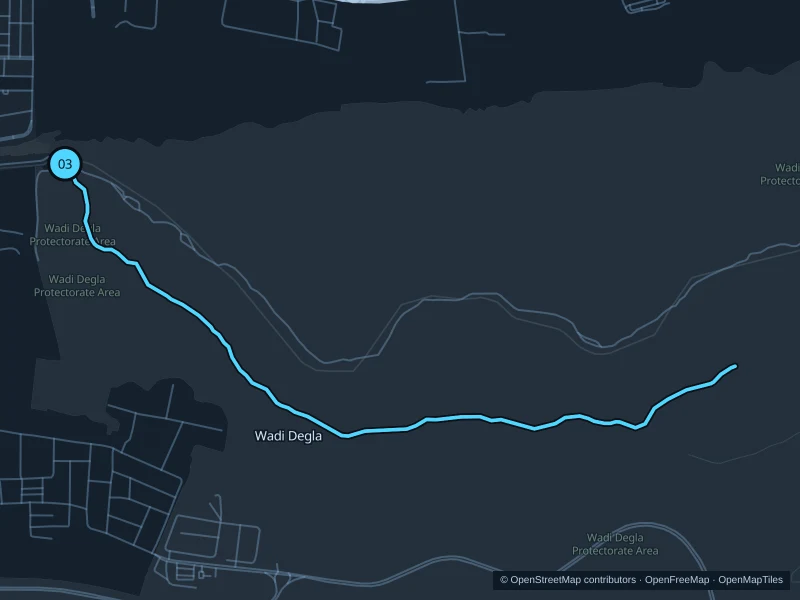 Map of the 9.0 km Wadi Degla · valley trail run, with start and finish marked 03.