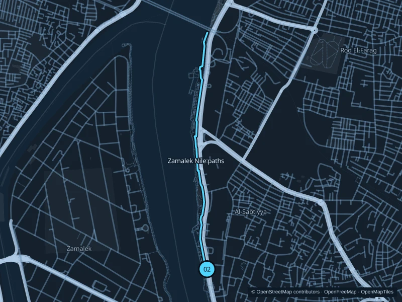 Map of the 2.8 km Zamalek · northern Nile paths run, with start and finish marked 02.