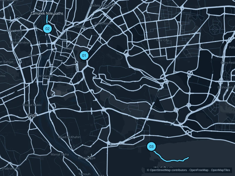 Map of Cairo with three numbered running-route starts.