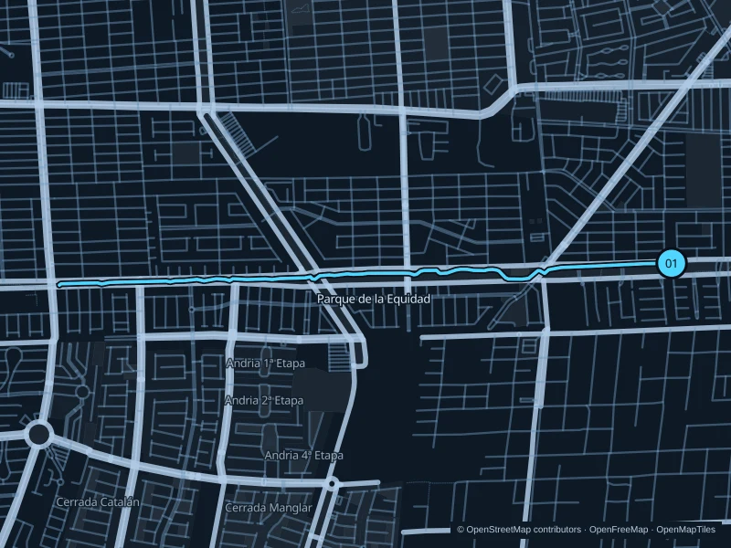Map of the 5.8 km Parque de la Equidad run, with start and finish marked 01.